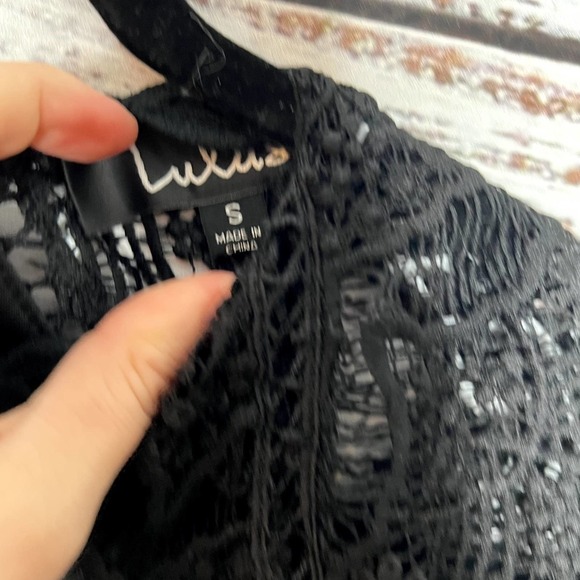 Lulus Crochet Black Mini Dress Keyhole Back Ruffle Dressy Small - Picture 2 of 3